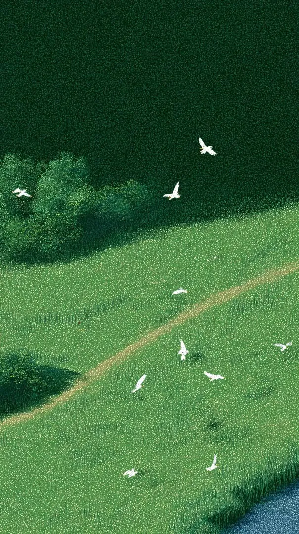 Pixel meadow with white birds